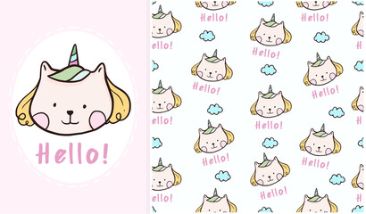 Cute hello cat unicorn poster seamless pattern design vector