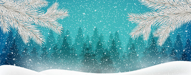 Winter background of snow and frost with Fir pine tree branches. Christmas holiday night winter banner. Winter holiday greeting card. Happy New Year 2021.Free space for your text and design.