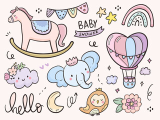 Cute baby shower and baby animal illustration drawing cartoon for kids coloring and print