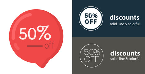 50 percent discount isolated vector flat icon with discount solid, line icons