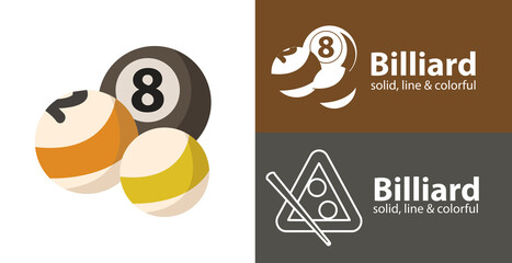 Billiard balls isolated vector flat icon with sport solid, line icons