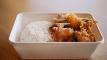 Thai take away food, Spicy chicken with rice  