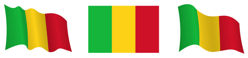 flag of Mali in static position and in motion, fluttering in wind in exact colors and sizes, on white background