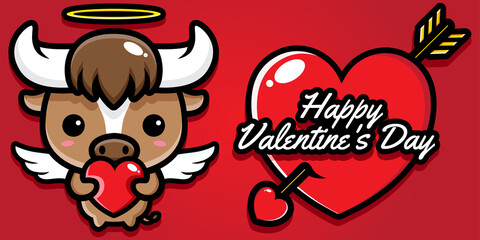 Cute buffalo character design on valentine's day happy greeting card