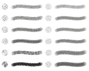 Set of 12 fixed and random scatter brushes + symbols (sprayer) + editable templates vector in dot-dash grunge pattern. Created using AI CS6.