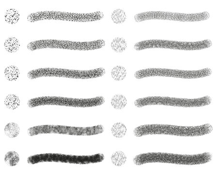 Set of 12 fixed and random scatter brushes + symbols (sprayer) + editable templates vector in dot-dash grunge pattern. Created using AI CS6.