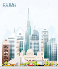 Obraz premium Dubai United Arab Emirates (UAE) City Skyline with Colored Buildings and Blue Sky.