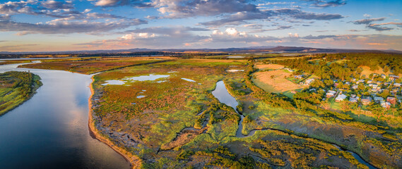 Snowy River Estuary at sunset - wide aerial panoramic landscape. Marlo, Australia