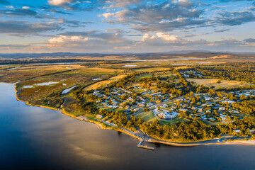 Aerial view of Marlo town at sunset in Victoria, Australia