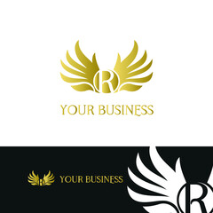 letter R and wings in luxury and elegant golden style logo design 
