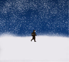 Man with face mask walking in a heavy snowfall. Snow, chaos and streets cut off in the middle of Covid-19 pandemic. Winter concept.Hiker walking through the snow, a storm coming.