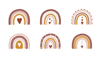 Rainbows in boho style with hearts. Bohemian illustrations for holidays. Scandinavian design for wallpaper and home decor. Modern vector illustration in different color. Saint Valentines day. © KeronnArt