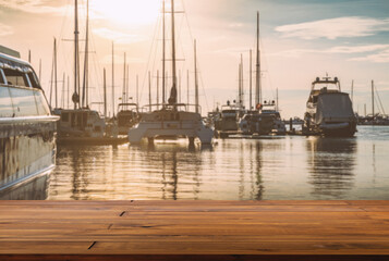 Fototapeta na wymiar Blank space of wooden plank floor at marina, blurred background of sea, yachts and sunset sky. Warming looks view of yacht dock.