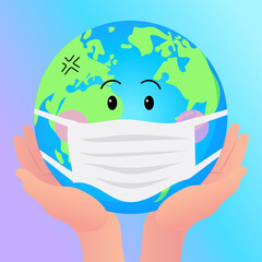 The world with hands, save the world concept flat design. vector design EPS10. COVID-19 with the World Wearing Mask. Vector design EPS10. 