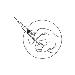  Hand in blue glove holding syringe with copy space