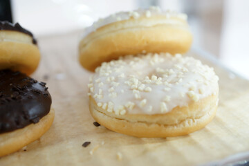 Donuts on display in a cafe