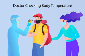 Man and woman scan temperature body check via Infrared Thermometer, Social distancing concept,keep distance in public society people