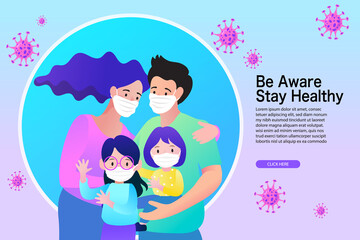 Cartoon family wearing medical face mask stay at home vector illustration. Covid-19 coronavirus quarantine campaign. Vector flat design.