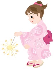 線香花火をする浴衣姿の女の子