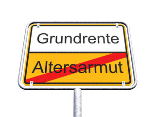 3d Illustration - Ortsschild - Ortstafel - Grundrente - Altersarmut - Freisteller - Freigestellt