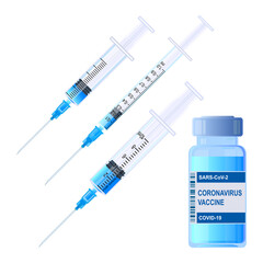 CORONAVIRUS VACCINE, syringes with vaccine. Realistic image. Vector illustration on a white background.