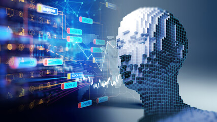 3d illustration of cubic human form on technology background.