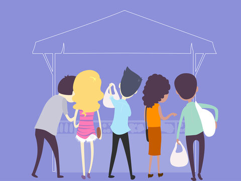 People Market Buying Stall Back View Illustration