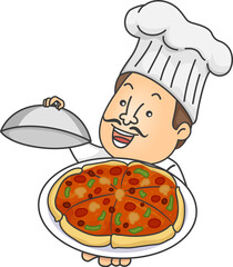 Man Chef Show Pizza Serving Plate Illustration