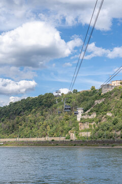Calbe car over Rhine Mosel river near Deutsch Eck in Koblenz Germany