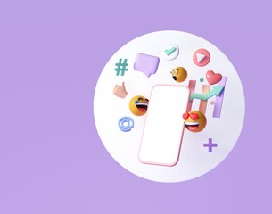 3D Online Social media communication platform concept. Smartphone with emoji, comment, love, like and play icons. 3d render illustration