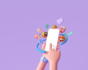 3D Online Social media communication platform concept. Hand holding phone with emoji, comment, love, like and play icons. 3d render illustration