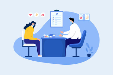 Doctors explain health conditions to female patients at medical check up. Flat cartoon vector illustration isolated on white background