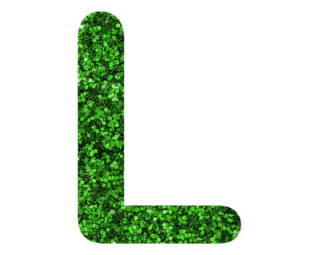 Glittery green letter L on a white isolated background