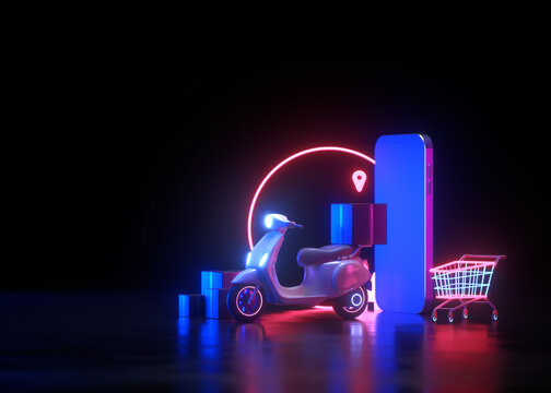3D Neon Online shopping and free delivery service concept, neon light background. 3d render illustration