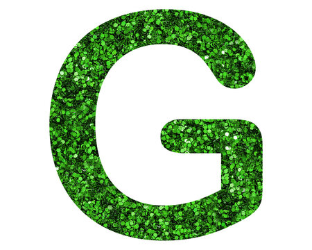 Glittery green letter G on a white isolated background