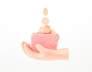 3D Hand holding wallet, coin stack, bills and credit card on isolate white background, money saving, online payment and payment concept. 3d render illustration