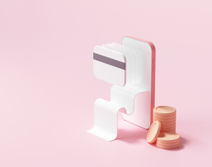 3D rendering payment via credit card concept. Secure online payment transaction with smartphone. Internet banking via credit card on mobile. object floating background.