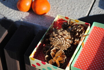 Sunny morning and a quick breakfast outside. Fruit and coffee.