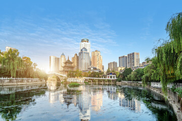 Fototapeta na wymiar Modern tall buildings and bridge, Guiyang city landscape, China.
