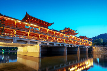 A bridge with ethnic characteristics, the night view of Duyun, Guizhou, China.