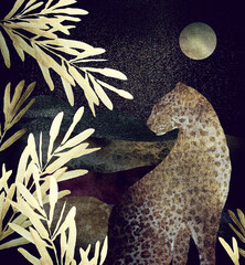 Fototapeta na wymiar .Mountain night landscape with leopard. .Collage of textured shiny metallic paper