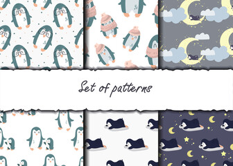 Set of templates with cute penguins. Vector children's illustration in cartoon style. Suitable for children's clothing, interior design, packaging, printing.