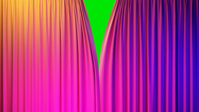 Multicolor Theater Curtains In Motion. Opening And Closing Curtains With Green Chroma Key, 4k