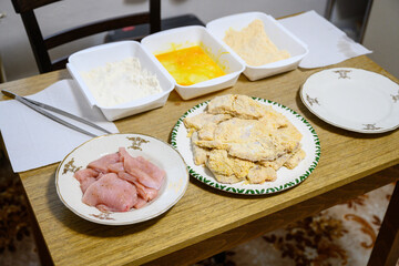 Chicken cutlets on a plate with a wrapping kit in the background.