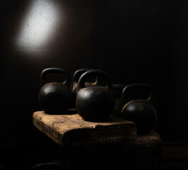 Old metal dumbbells on a wooden support in low key style.