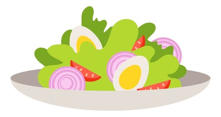 Healthy food. Diet low-calorie fresh vegetable salad  on a plate. Eggs, tomatoes, lettuce, onions. Isolated flat minimal simple cute cartoon illustration