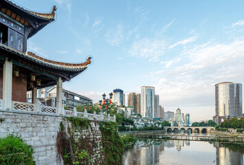 Modern tall buildings and bridge, Guiyang city landscape, China.