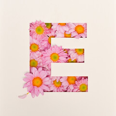 Font design, Abstract alphabet font with pink flower, realistic typography - E