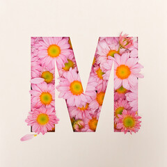 Font design, Abstract alphabet font with pink flower, realistic typography - M