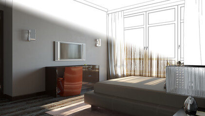 interior contour visualization, 3D illustration, sketch, outline